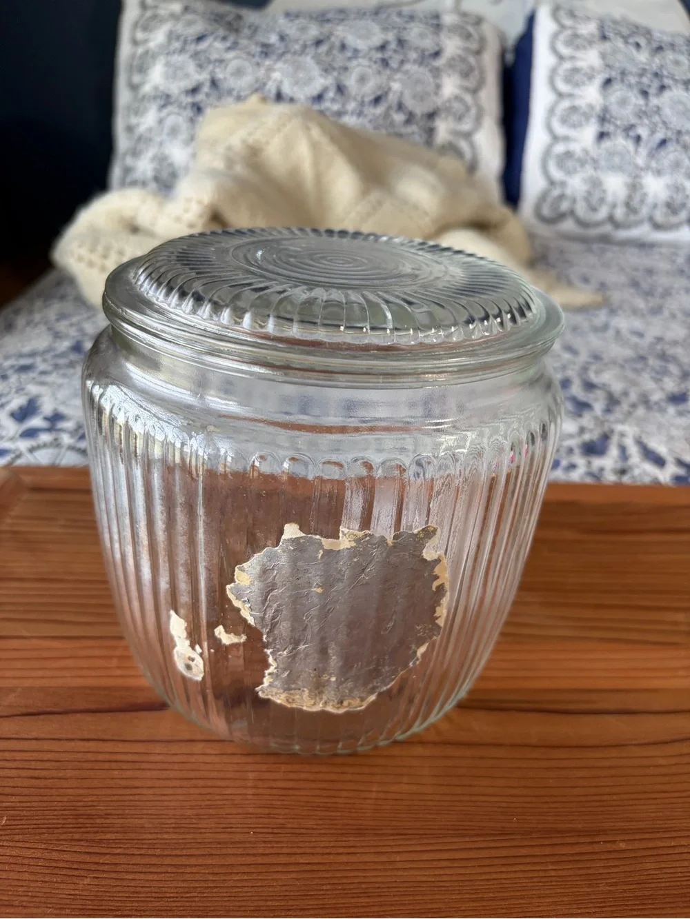 Vintage Clear Glass Ribbed Storage Jar with Lid - Clear EUC new chips cracks